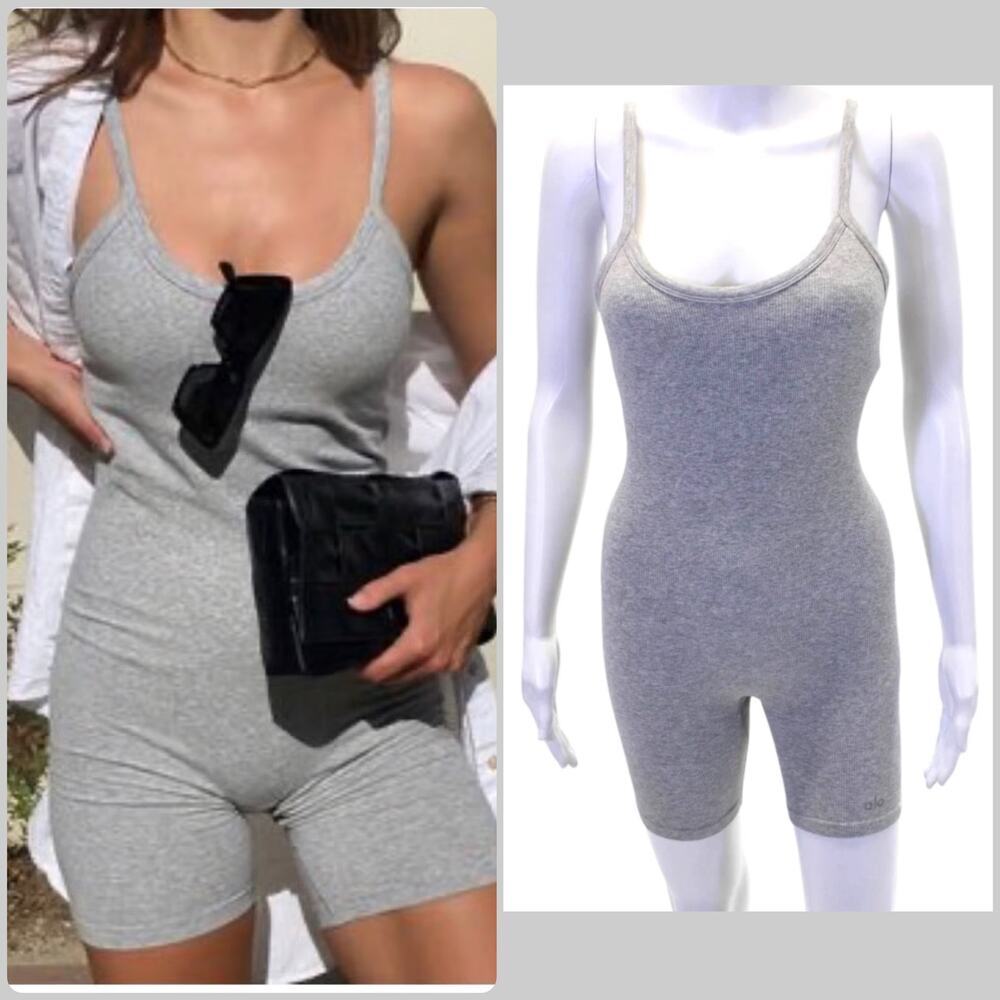 Alo Yoga Seamless Ribbed Mellow Onesie Athletic Heather Grey Bodysuit‎ Romper S